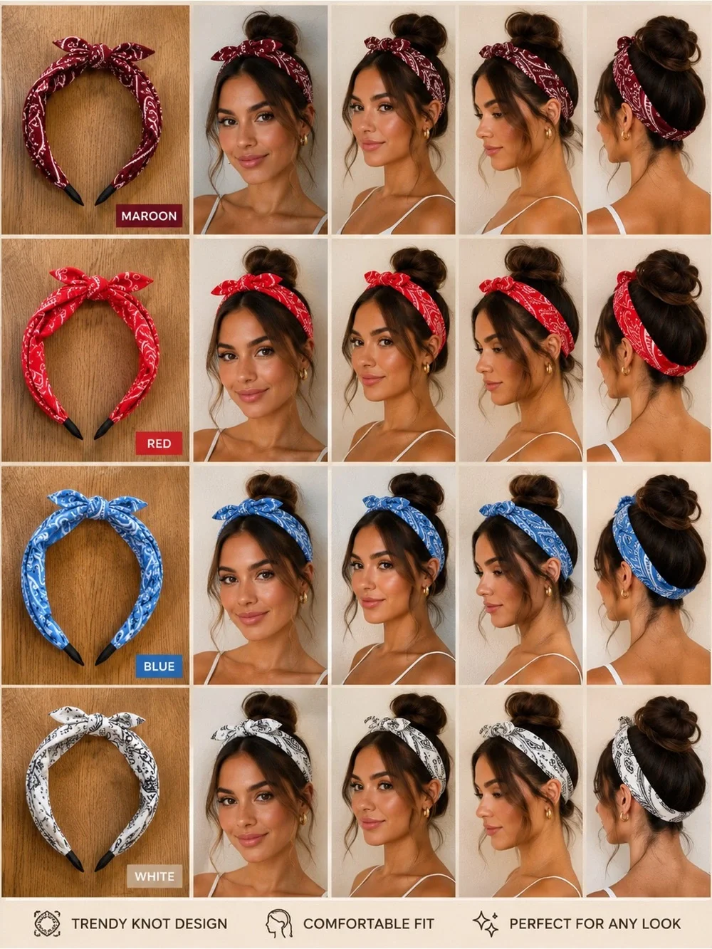 Trendy Knot Bandana Headband - Maroon, Red, Blue, White